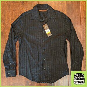 NWT Perry Ellis Medium Black Button Up Mens Shirt White Dotted Stripes